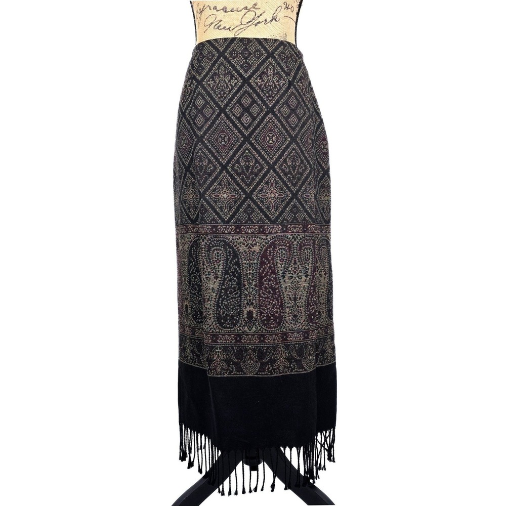 Parisian Signature Maxi Skirt 8 Black Gold Paisley Tapestry Fringe Boho Wool Mix